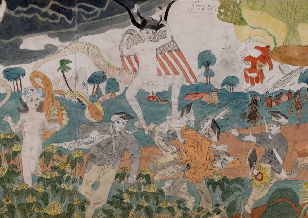 The highest grossing lot in the Outsider sale was from the collection of Eugenie and Lael Johnson. Showing here is a detail from Henry Darger’s “148 AT Jennie Richee During fury of storm are unsuccessfully attached [sic] by Glandelinians / 149 At Jennie Richee narrowly escape capture but Blengins come to rescue” sold for $684,500 to a phone bidder who beat out several other phone bidders ($250/500,000).