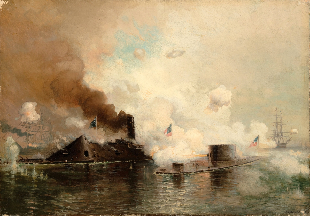 Julian Oliver Davidson (1853–1894), “Monitor and Merrimac: First Fight Between Ironclads,” 1885, oil on canvas, 15 by 21½ inches, steamed past its $8/12,000 estimate to finish at $50,020.