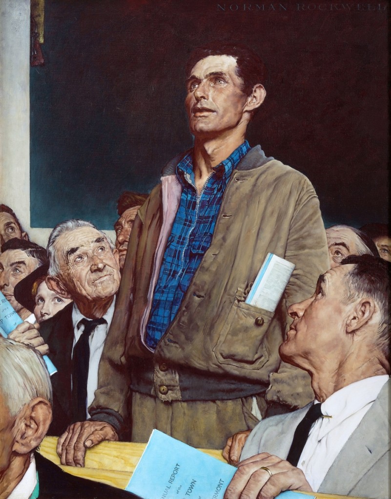 “Freedom of Speech” by Norman Rockwell (1894–1978), 1943. Oil on canvas, 45¾ by 35½ inches. Story illustration for The Saturday Evening Post, February 20, 1943. Collection of Norman Rockwell Museum. ©SEPS: Curtis Licensing, Indianapolis, Ind. All rights reserved.