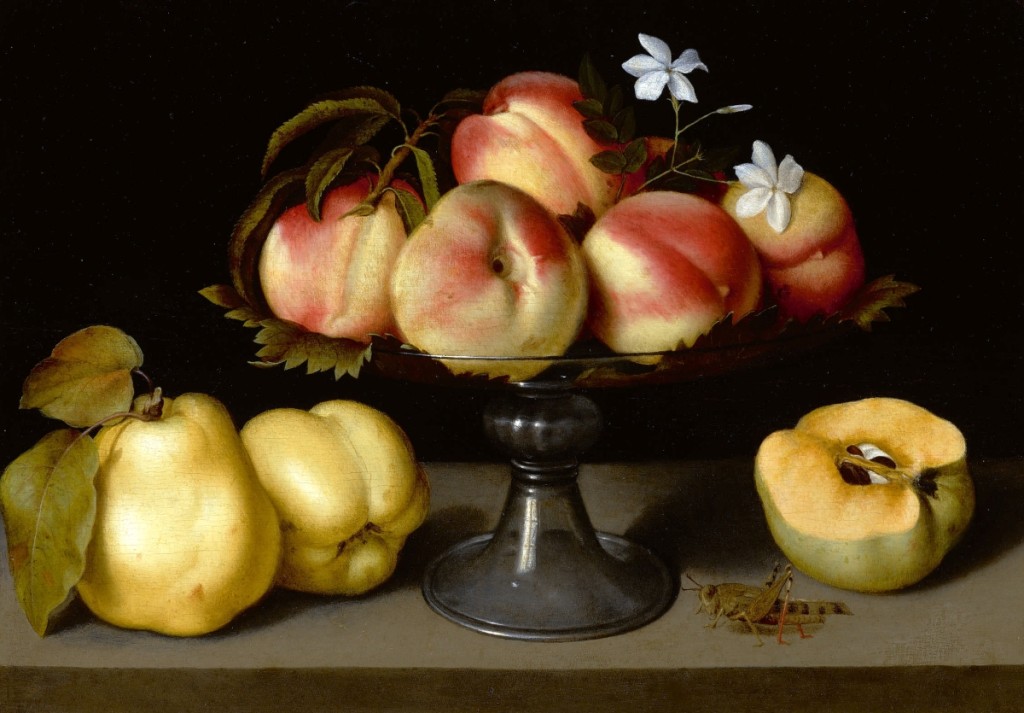 “A Glass Compote with Peaches, Jasmine Flowers, Quinces and a Grasshopper” by Fede Galizia, oil on panel, 12 by 17 inches. The work established the top-selling price for a work by the artist at auction when it sold for $2,415,000 ($2/3 million).