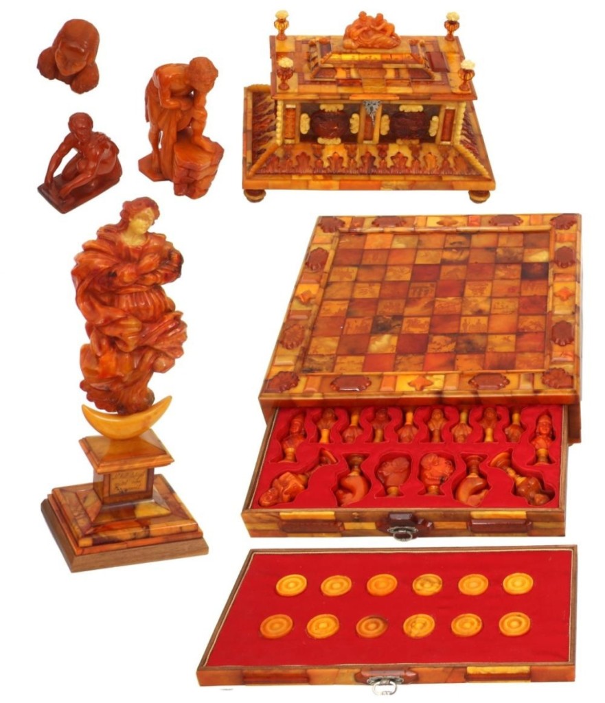 Before the sale, John Fontaine said that this Russian amber lot would probably be the highest priced item in the auction. He was right, as it sold for $54,450. The carved amber chess set, attributed to master carver Alexander Krilov, had chess pieces carved as imperial Russian figures, 32 of the playing squares were decorated with reverse-etched battle scenes, and the set was housed in a four-drawer case with carved finials.