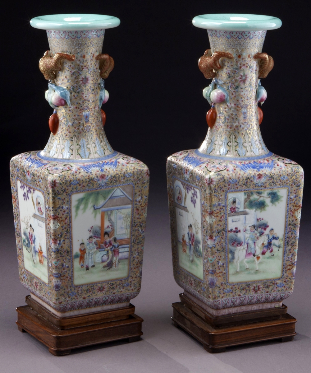 A pair of Chinese Republic famille rose porcelain vases depicting figures in landscapes earned $26,250.