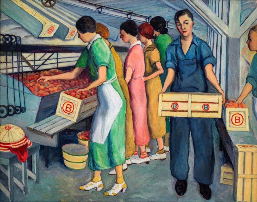 “Peach Packing, Spartanburg County” by Wenonah Day Bell (1890–1981), 1938. Oil on canvas, 38-  by 48-  inches.