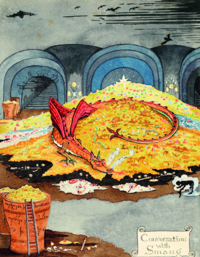 “Conversation with Smaug,” by J.R.R. Tolkien, July 1937. Black and colored ink, watercolor, white body color, pencil. Bodleian Libraries, MS. Tolkien Drawings 30. ©The Tolkien Estate Limited 1937.
