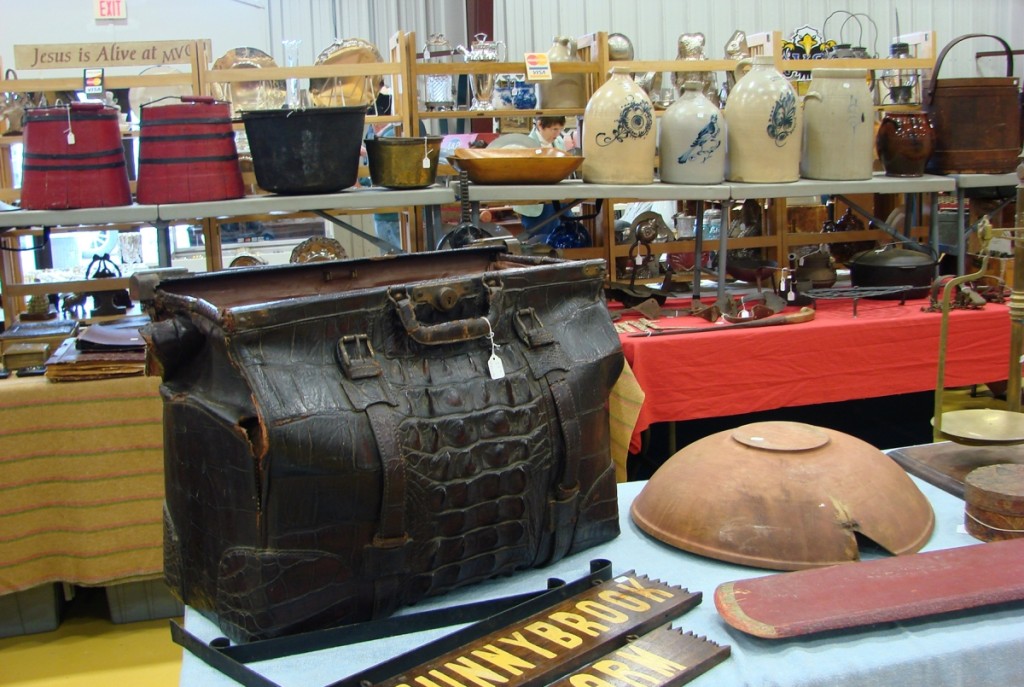 George and Mary Bittner, Chester, Vt., displayed many things, among them an oversized alligator bag or small suitcase. It wasn’t in the best condition and was priced $350. It was displayed open and invited a look inside, where there was a circa 1930s “artistic” photograph of a young lady standing by the bag.