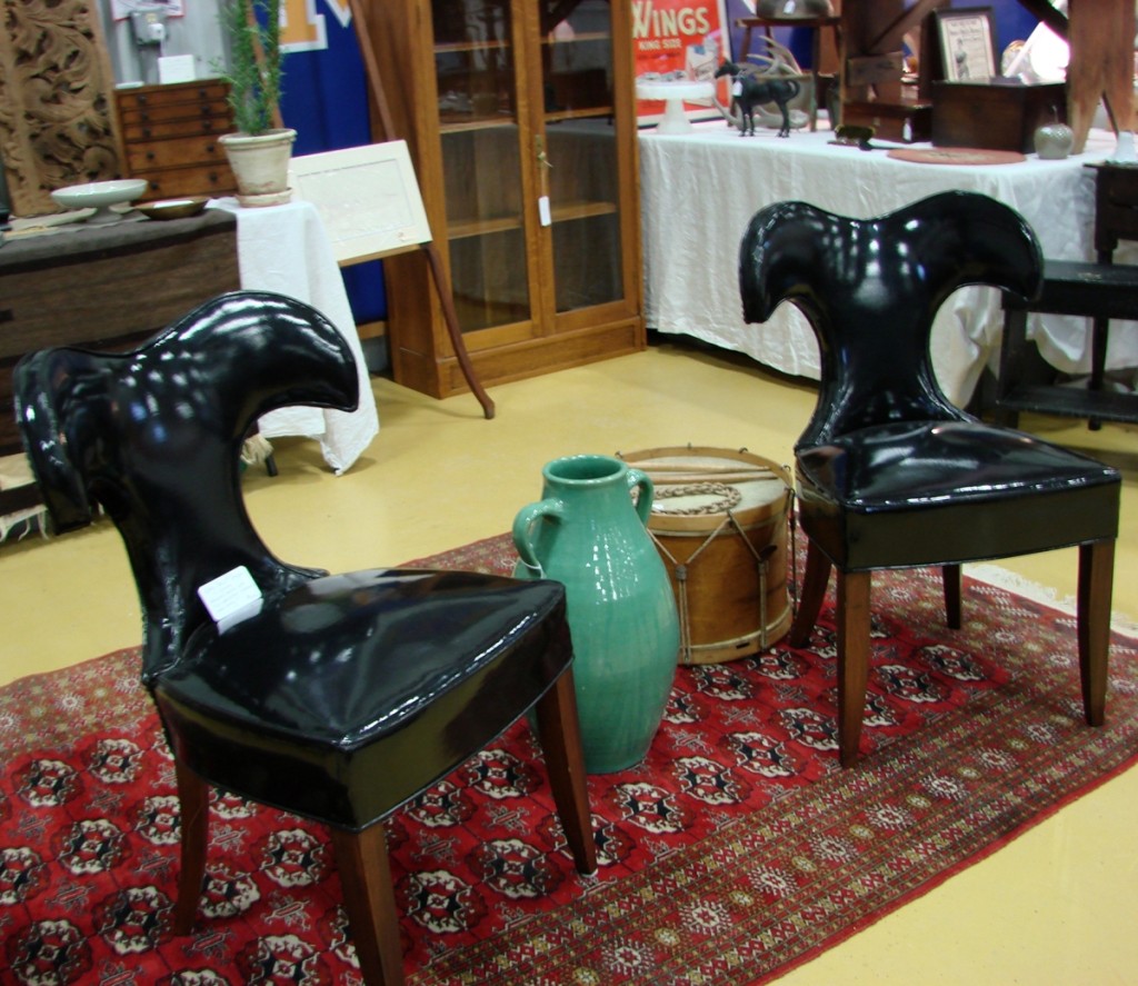 Osgood Hill Antiques, Essex, Vt., had what might have been the latest pieces of furniture in the show. The pair of 1960s vinyl chairs, with the interesting ram’s head backs, were not identified as to maker.