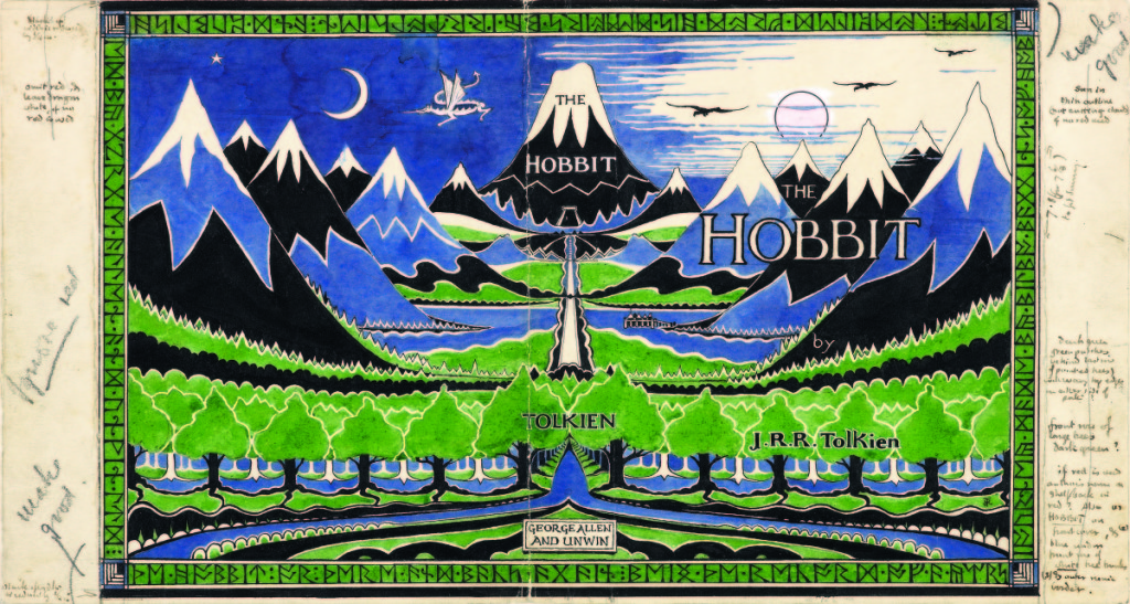 Dust jacket design for The Hobbit by J.R.R. Tolkien, April 1937. Pencil, black ink, watercolor, gouache.   Bodleian Libraries, MS. Tolkien Drawings 32. ©The Tolkien Estate Limited 1937.