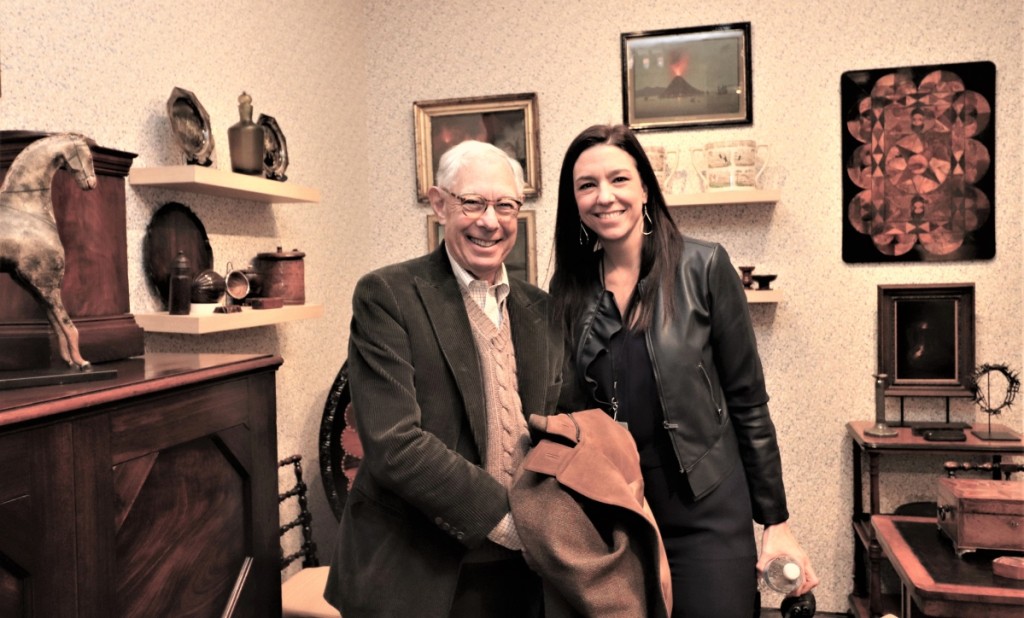 Winter Show chairman emeritus Arie Kopelman and executive director Helen Allen in the booth of Cove Landing, New York City.