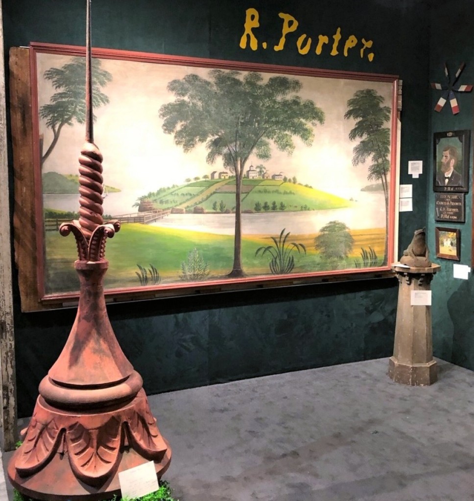 Stephen Score sold his Rufus Porter mural, a recent reacquisition. The Boston dealer removed it from the Boyden House in Westwood Mass., in 1982. Score said Porter authorities had known of its existence but not its whereabouts. Left is a circa 1880 tole and zinc finial. Right, a portrait of the Parks children by Samuel Miller.