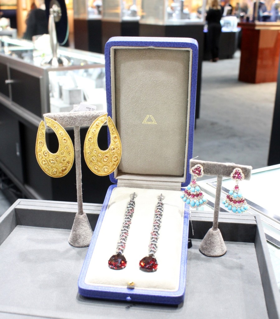 When asked what some of the highlights of his booth were, Greg Kwiat, Kwiat and Fred Leighton, New York City, showed off three sets of earrings. On the left was a pair of circa 1970s Van Cleef & Arpels gold earrings similar to ones Jackie Onassis owned; in the center is a pair of spinel, garnet, sapphire and diamond pendant earrings by contemporary London-based designer, Lauren Adriana; and on the right is a pair of circa 1970s Bulgari ruby and turquoise earrings. Kwiat sold the Bulgari earrings during the show.