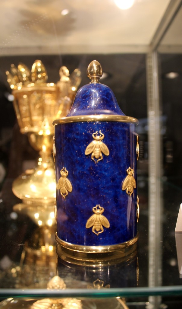 A gilt-bronze, lapis lazuli enameled and crystal French honey pot with bee decoration, by Odiot, a replica of one from a service made for Napoleon. Silver Art by D&R, Baltimore, Md., and Marseille, France.