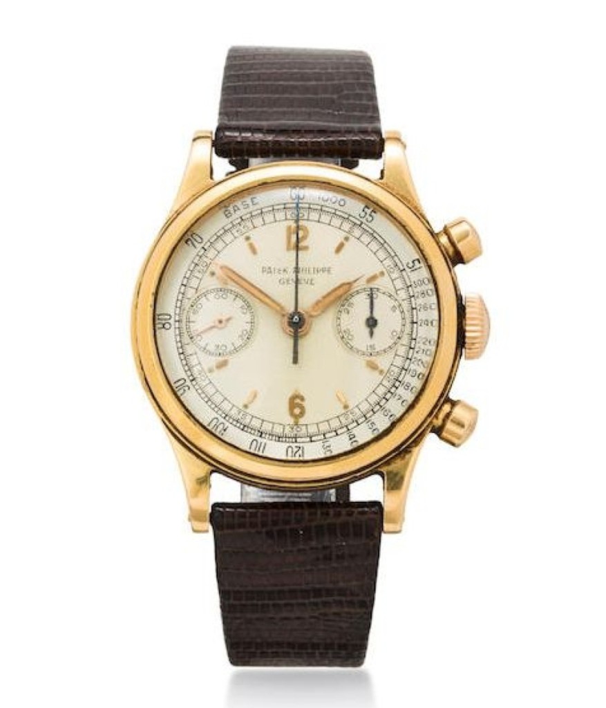 A Patek Philippe rare and very fine 18K rose gold water resistant chronograph wristwatch with original guarantee certificate and box, Ref: 1463, Case no. 664960, Movement no. 868180, sold Bonhams New York June 9, 2015, for $353,000, including premium.