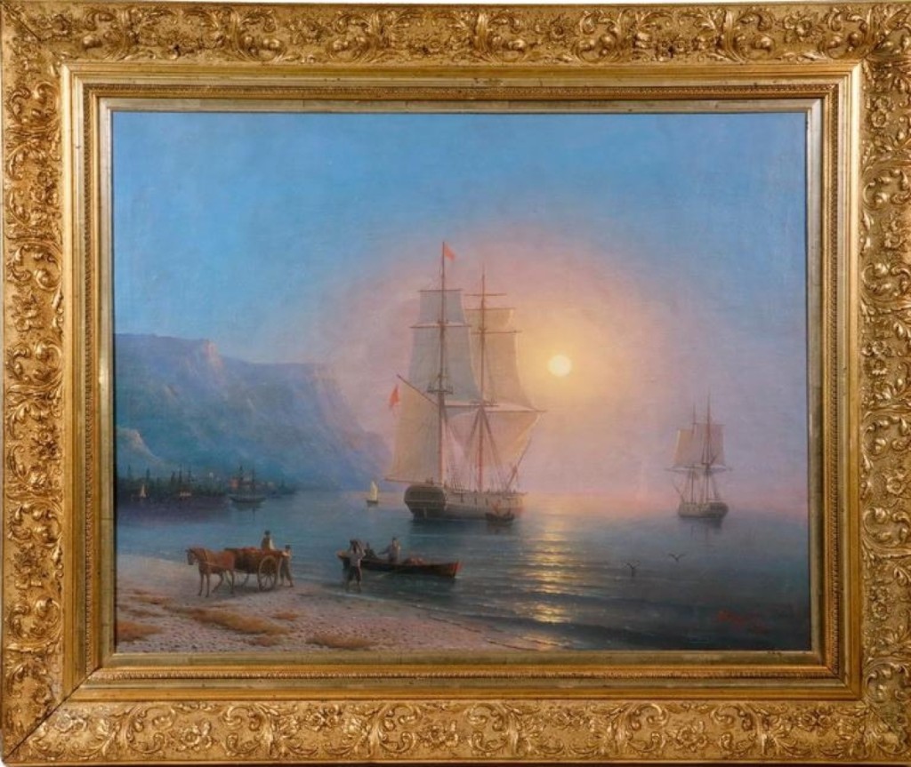 The top selling lot of the three-day sale was a marine scene by Russian artist Ivan Konstantinova Aivazovsky. Signed in Cyrillic, dated 1853 and titled “Sunset in Crimea,” it depicted two fully rigged sailing ships becalmed in a harbor. It sold for $128,700 and is on its way back to Russia.