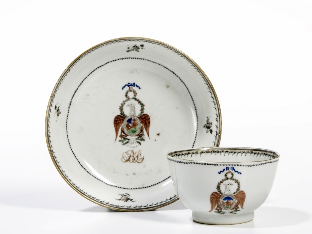 One of the rarest of the rare. This Chinese export porcelain teacup and bowl bearing the Arms of the Society of Cincinnati and the initials “BL” under the Arms sold for $92,250. “BL” indicated that it was made for General Benjamin Lincoln and was part of a 45-piece tea service. The buyer said it was the only piece remaining in private hands.