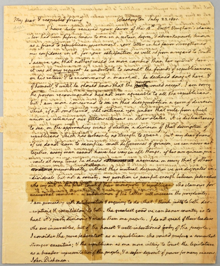 From the Stewart R. Crane collection, an autographed letter from Thomas Jefferson to John Dickinson in 1801 discussing the Federalist and Republican parties sold for $53,000.