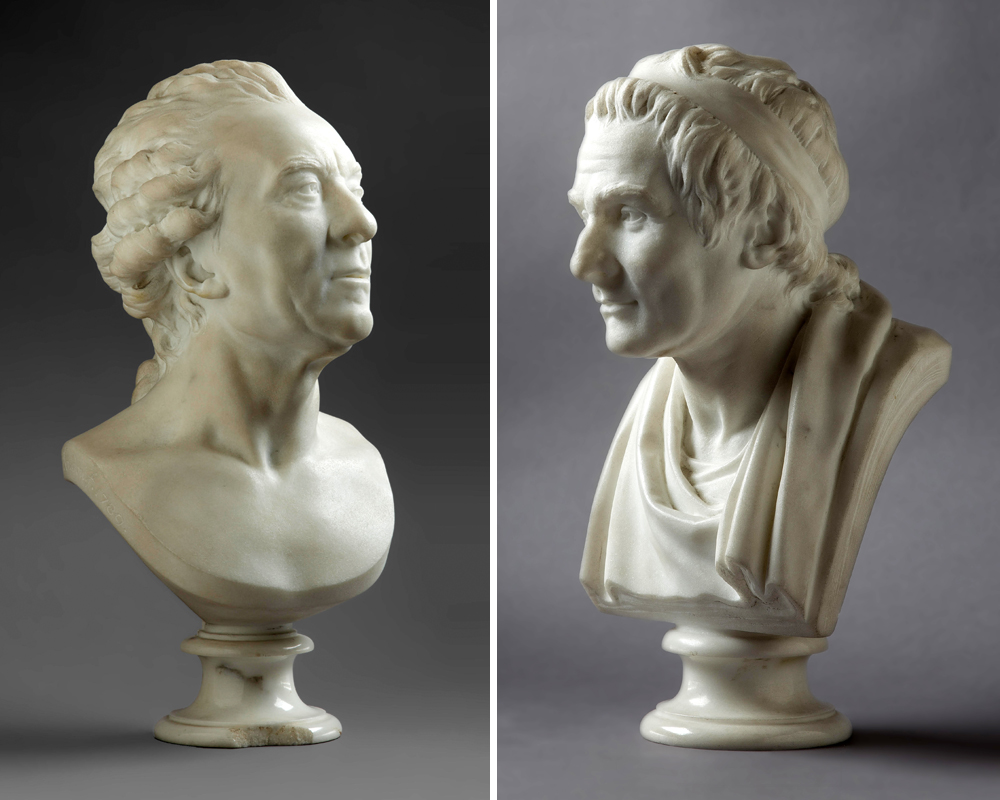 Left, Jean-Antoine Houdon (1741-1828), bust of Georges Louis Leclerc, Comte de Buffon, sold at $696,200. Right, Bust of Jean-Jacques Rousseau by Jean-Antoine Houdon (1741-1828), sold at $778,800.
