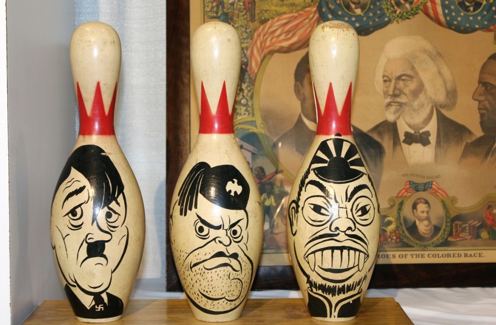 Created in the late 1940s, this set of bowling pins featuring the likenesses of Axis dictators Hitler, Mussolini and Hirohito was on offer by Battledore, Ltd/Justin Schiller, Kingston, N.Y.