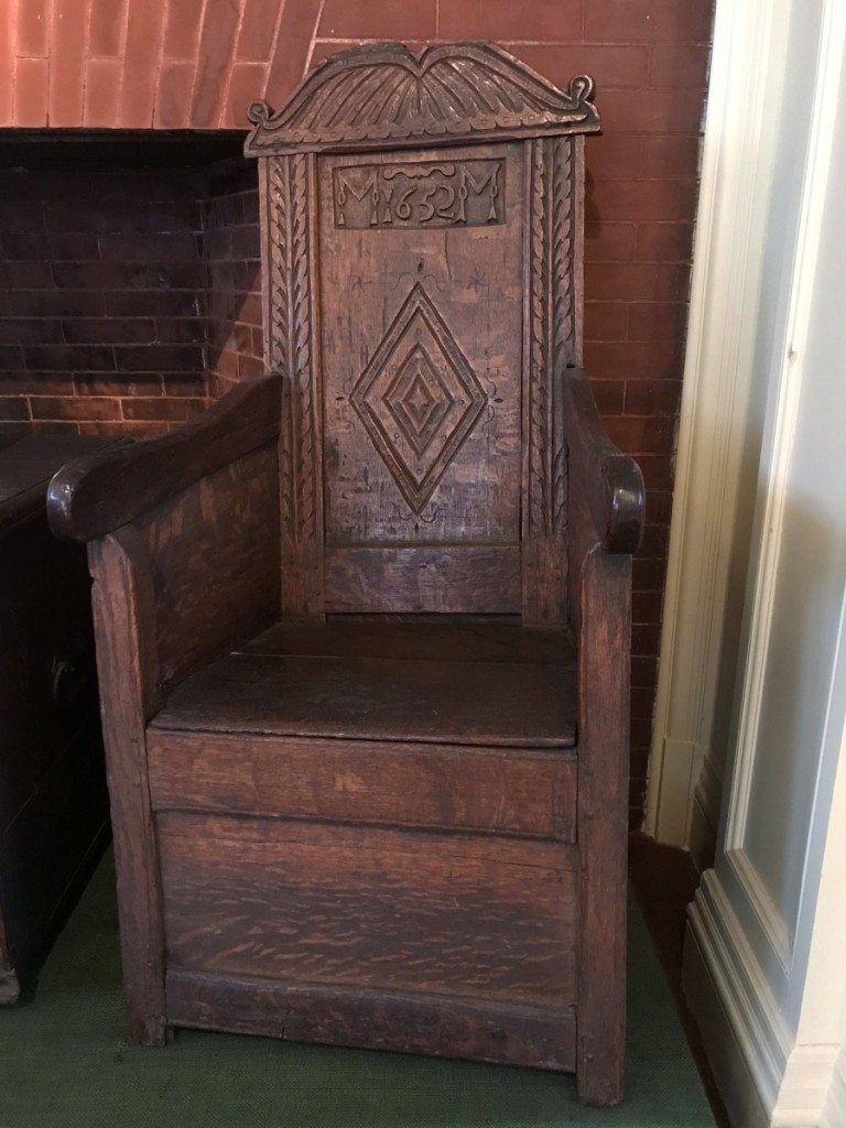 The Metcalf “great chair” is dated 1652 and is the earliest known dated piece of American furniture. It was made in Dedham in the workshop of John Thurston and John Houghton. The society also owns other pieces from the same shop.