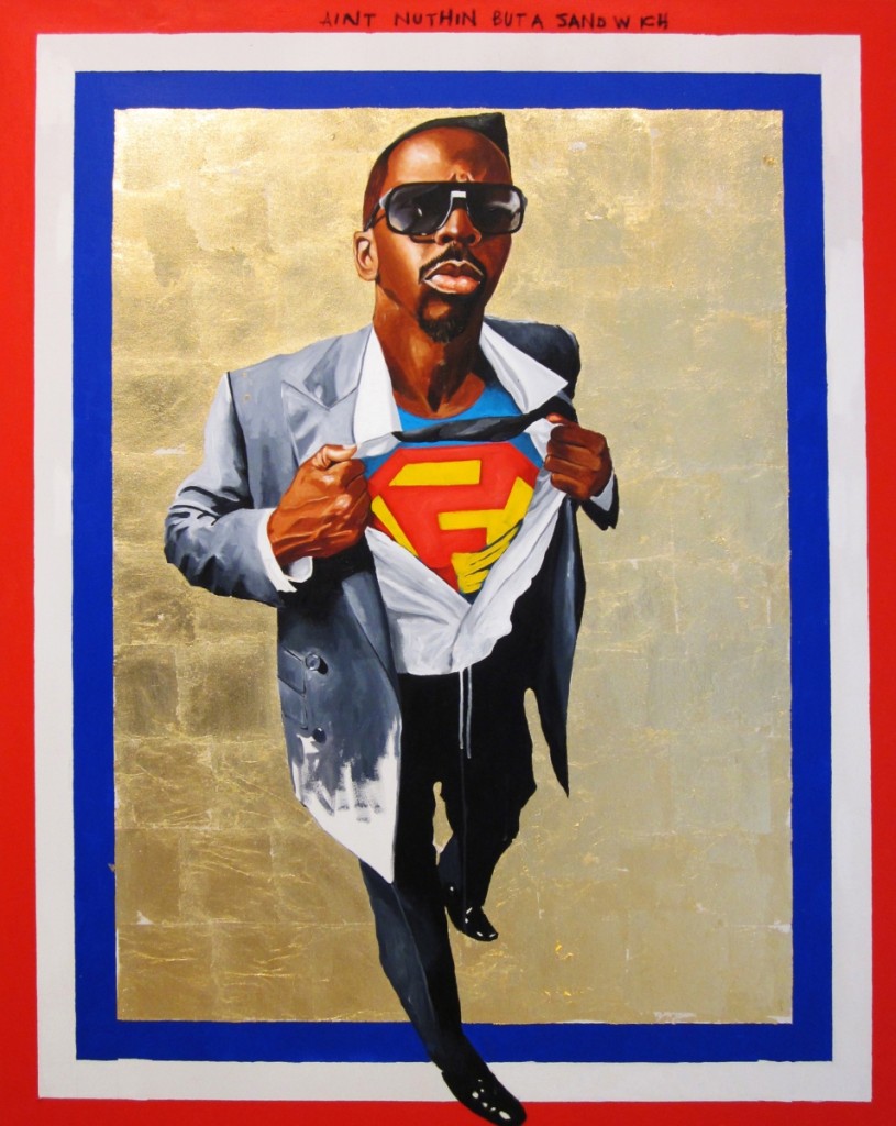 Fahamu Pecou, “Nunna My Heros: After Barkley Hendricks’ ‘Icon for My Man Superman,’” 1969, 2011, acrylic, gold leaf and oil stick on canvas, 63 by 49½ inches. Nasher Museum of Art at Duke University; Gift of Marjorie and Michael Levine.