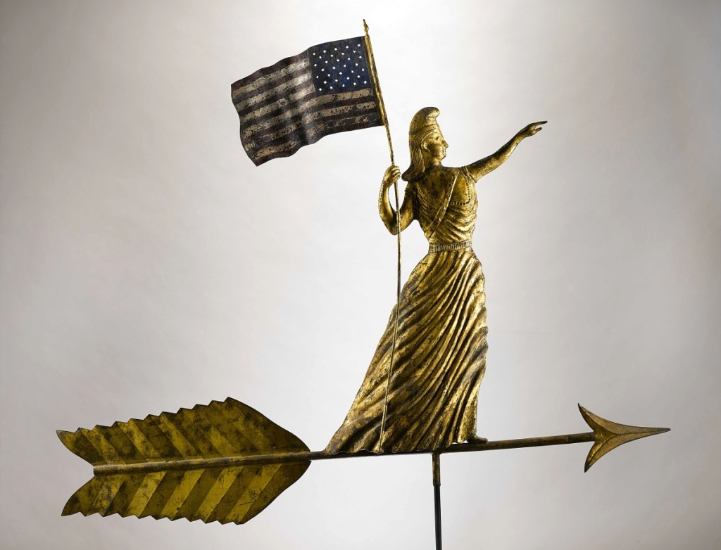 Goddess of Liberty weathervane, possibly J.L. Mott Iron Works (1828–1903), Bronx, N.Y., 1880–1900. Paint and gold leaf on copper and zinc, 43 by 52 by 4 inches. Collection of Jane and Gerald Katcher. 	        —Gavin Ashworth photo