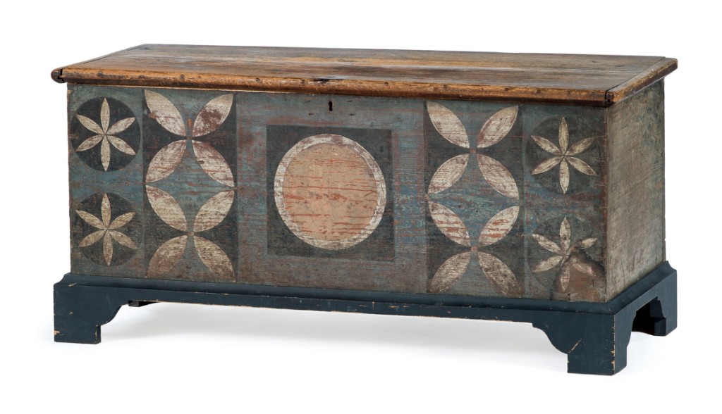 Topping the furniture category was this painted-decorated Shenandoah Valley blanket chest by Johannes Spitler, 1790–1800. A phone bidder won it for $43,200 against an estimate of $15/25,000.