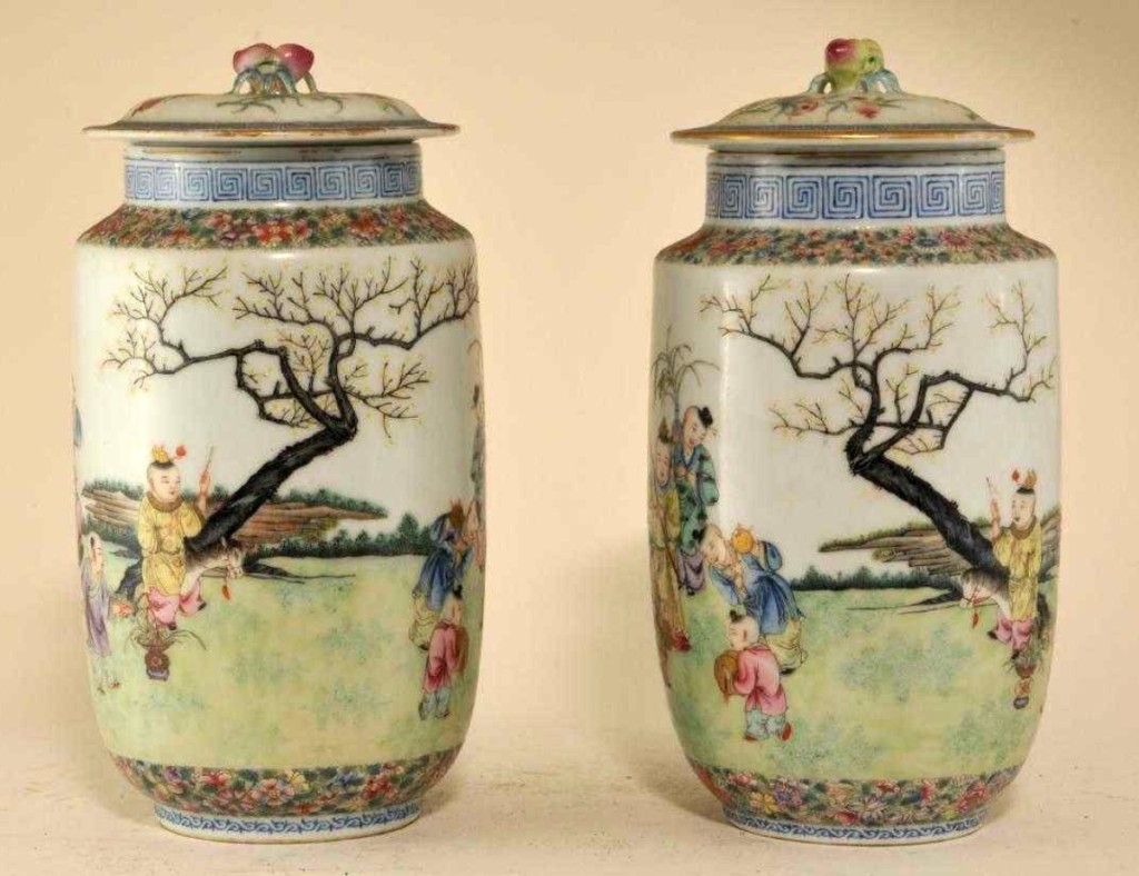 Quality porcelains, regardless of age, did well. The pair of Republic period round jars with “hundred boys” decoration was one of the higher priced lots in the sale, bringing $14,280.