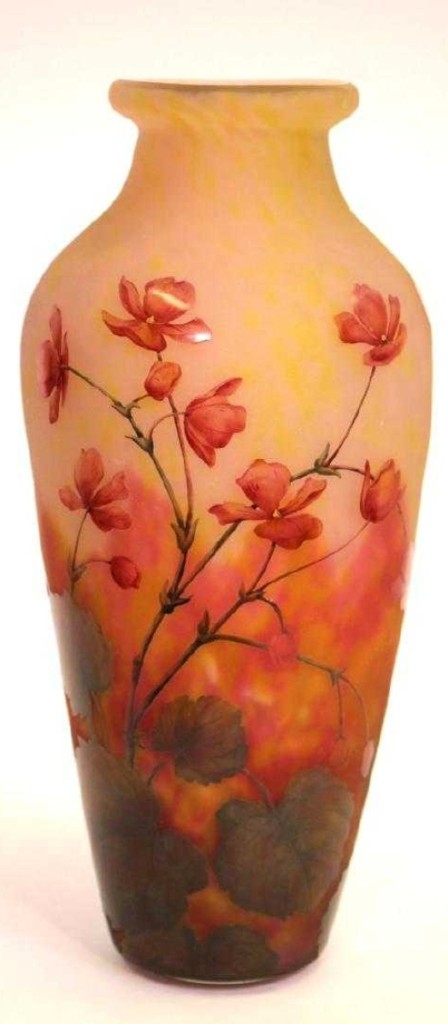 Of the several pieces of French art glass in the sale, this 13-inch signed Daum Nancy etched and enameled vase with pink floral designs, which ended up at $3,900, was the highest priced.