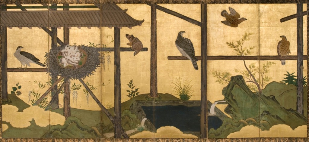 Kan School, “Goshawk Mews,” Edo period, circa 1675, six-panel screen; ink, color and gold leaf on paper, overall: 66-5/8 by 144 inches, Philadelphia Museum of Art: Gift of Mr and Mrs Douglas J. Cooper, 1978.