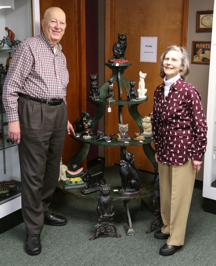 Elliotte and Liz Harold, whose single owner collection represented 691 lots of the sale’s first day, stand with their collection of doorstops before the sale got underway.