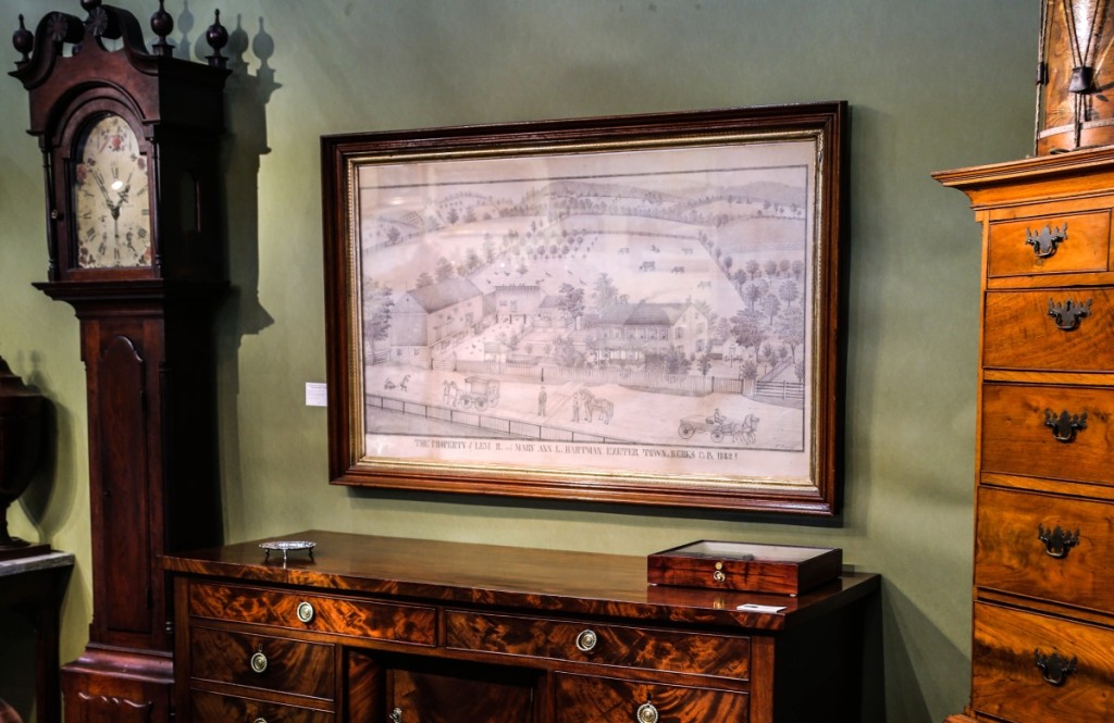 A standout in Oxford, Penn., dealer Kelly Kinzle’s booth was this pencil on paper drawing of the farm property of Levi R. and Mary Ann L. Hartman of Exeter Township, Penn. It was executed in 1882 by Ferdinand A. Brader (1833–1913).