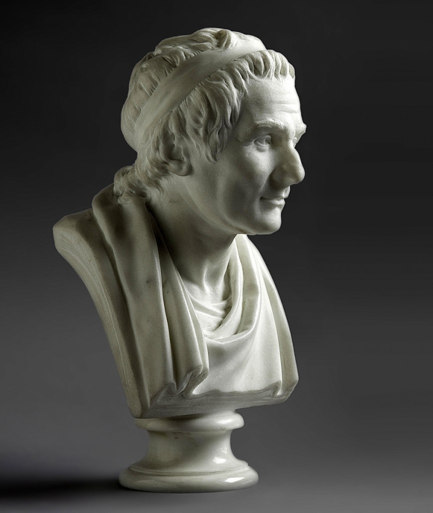 French Eighteenth Century sculptor Jean-Antoine Houdon (1741–1828), bust of Jean-Jacques Rousseau in Serevezza marble, signed and dated “houdon f 1788,” and 10-4/5 inches, sold at $778,800, making it the top lot of the auction.