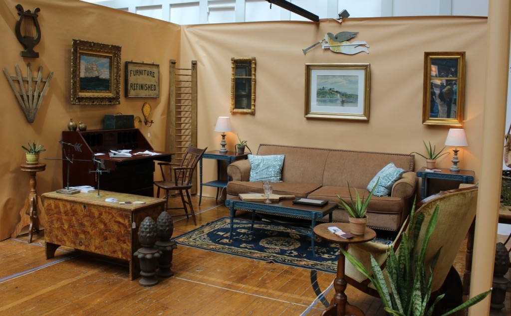 “Living With Antiques,” the space designed by Kate Avery and Emily Brandenburg. Most of the pieces were Avery’s, though Nathan Liverant and Son had loaned the desk, the tavern table, the blanket chest, the Gabriel weathervane, the watercolor over the sofa and a pair of sconces. The sofa was on loan from Hartford’s Habitat for Humanity ReStore, a donation center that sells new and gently used furniture.