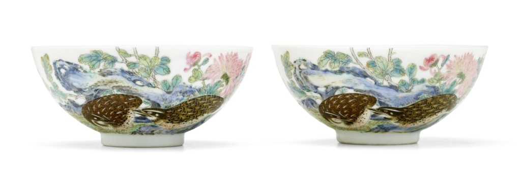 The highest selling lot at Bonhams Asia Week — and the top lot in the Chinese Works of Art sale — was this exceptionally rare pair of imperial famille rose “quails and chrysanthemums” bowls, Yongzheng six-character marks and of the period, which sold for $1,040,075 ($300/500,000).