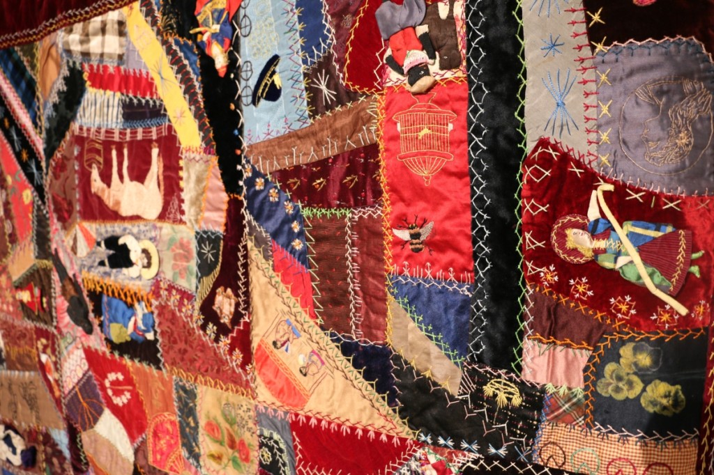 This Crazy Quilt of embroidered silks and velvets with three-dimensional dolls was made in 1883 by Amy Terrass Johnson Cowden (1861–1939) of Nashville in Davidson County.