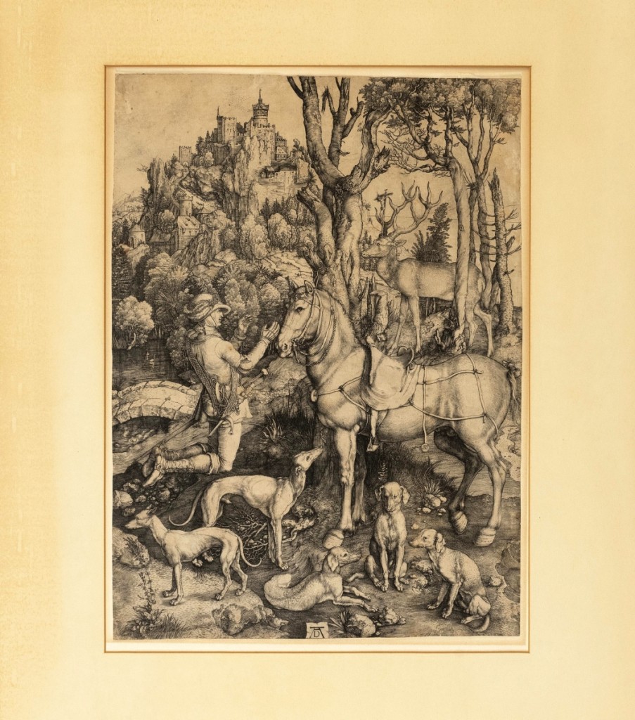 This engraving by Albrecht Dürer (1471–1528), a portrait of Saint Eustace, opened at a modest $3,000, and with phone and internet buyers, it quickly reached the selling price of $36,000.