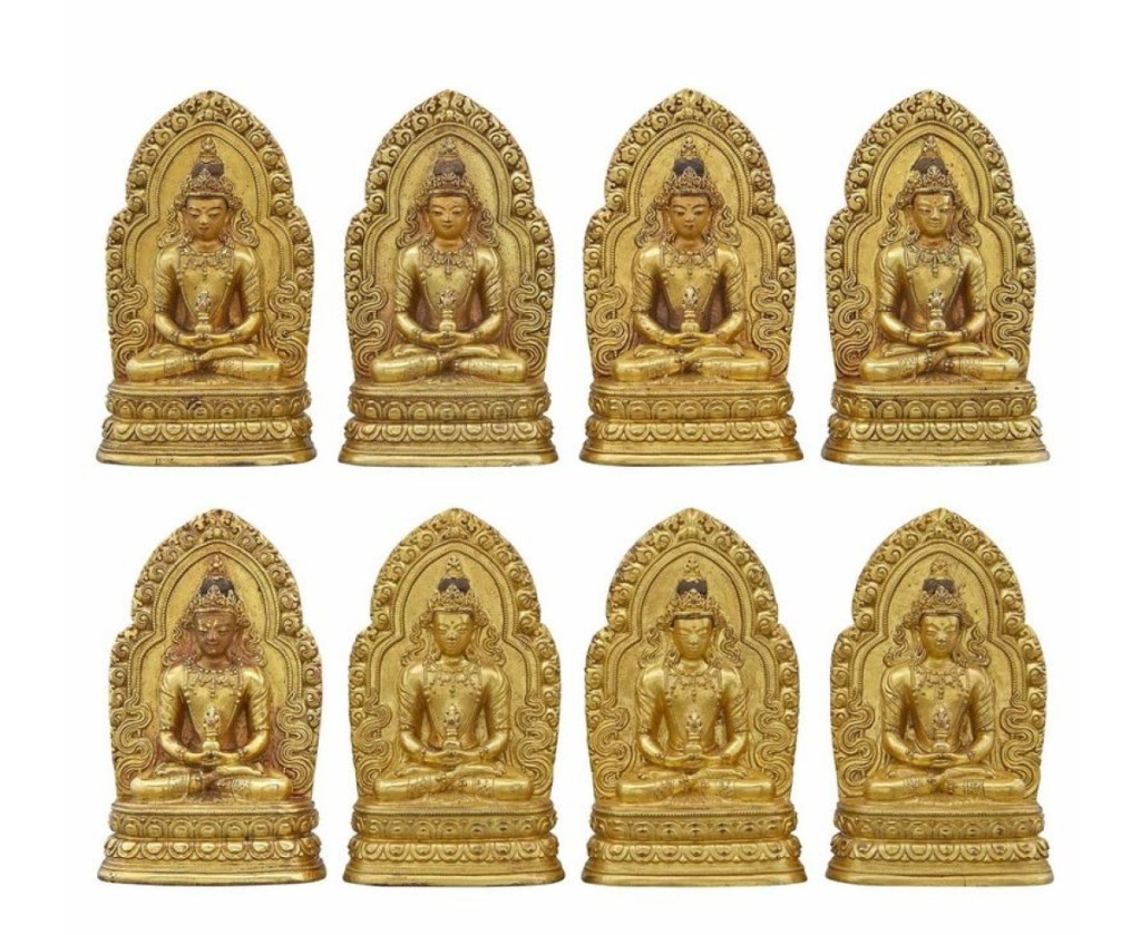 Set of eight Chinese gilt-bronze Bodhisattva, each 4¾ inches tall, brought $75,000 ($6/8,000).