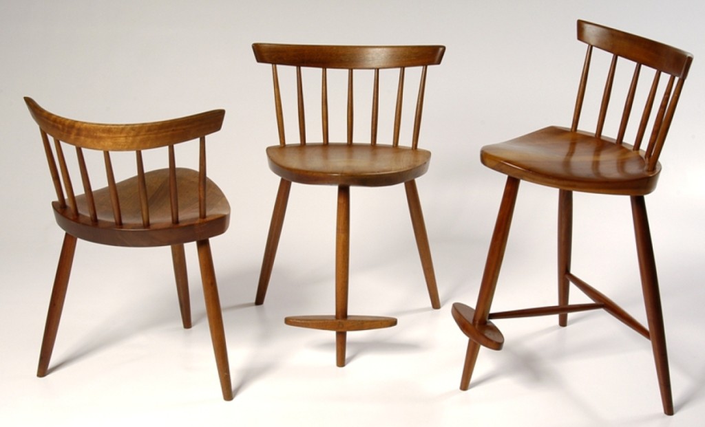 George Nakashima (1905–1990), three Mira Chairs, circa 1952. American black walnut and poplar. Heights are 24½ by width 19 by depth 19 inches; height 28½ by width 19 by depth 19 inches; height 33 by width 19 by depth 19 inches. George Nakashima Woodworkers.