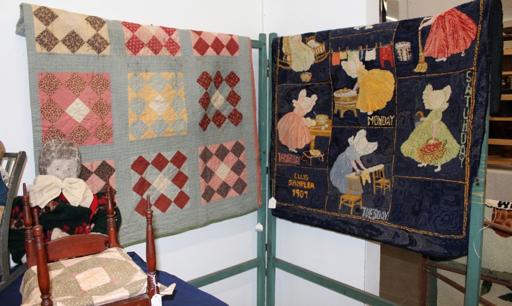 Dated 1907 and illustrating household chores for each day of the week, the Ellis sampler hooked rug at right carried the legend that it was finished by Thelma Foster in 1980. It was shown by Mary White, Rowley, Mass.