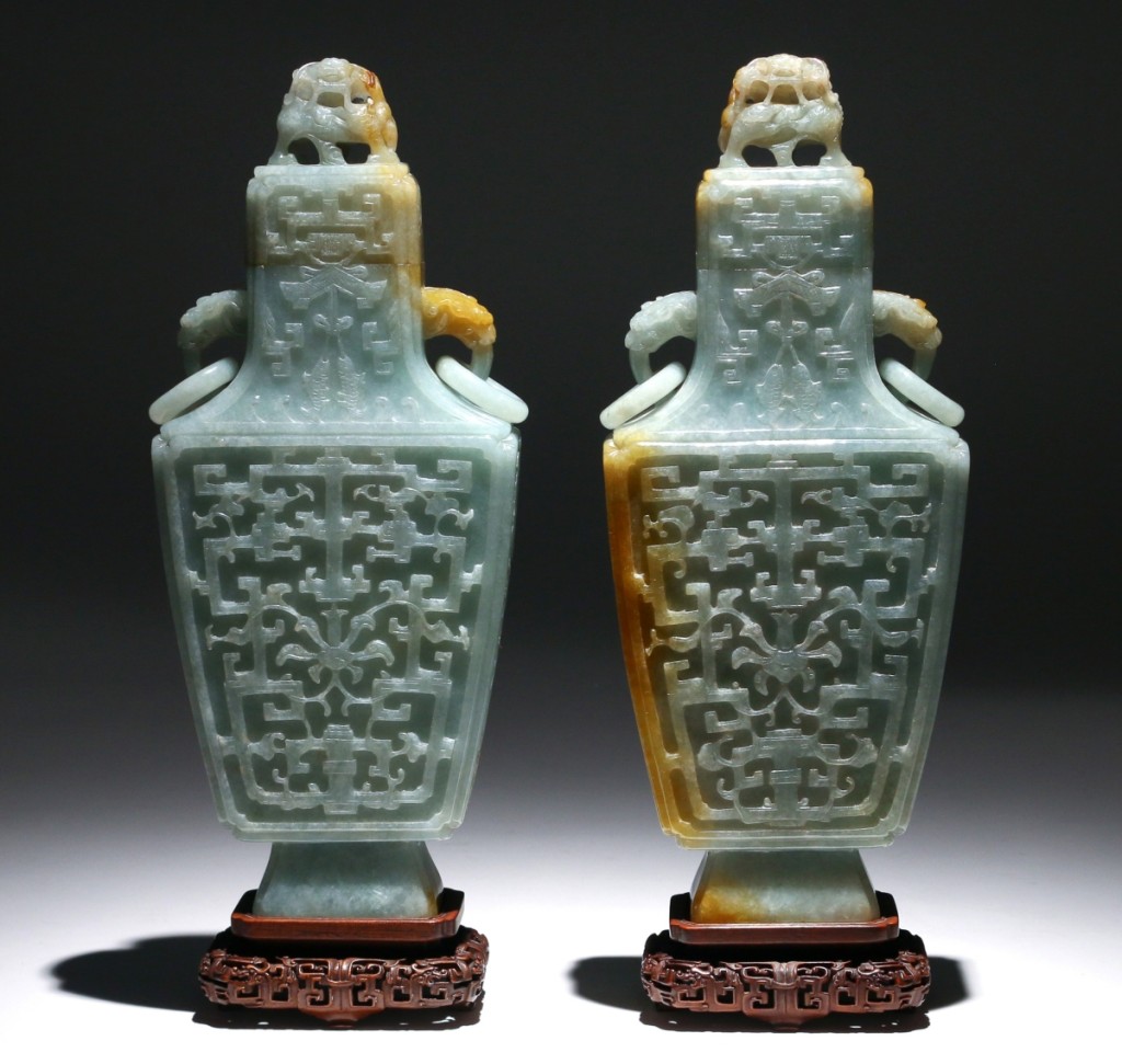 Nine phone lines — the most Butterscotch could manage — were in use for this pair of Chinese archaistic jadeite vases with covers, which had been estimated at $8/12,000. After heated competition, an internet bidder in China prevailed against an American private collector, taking them for $115,900.