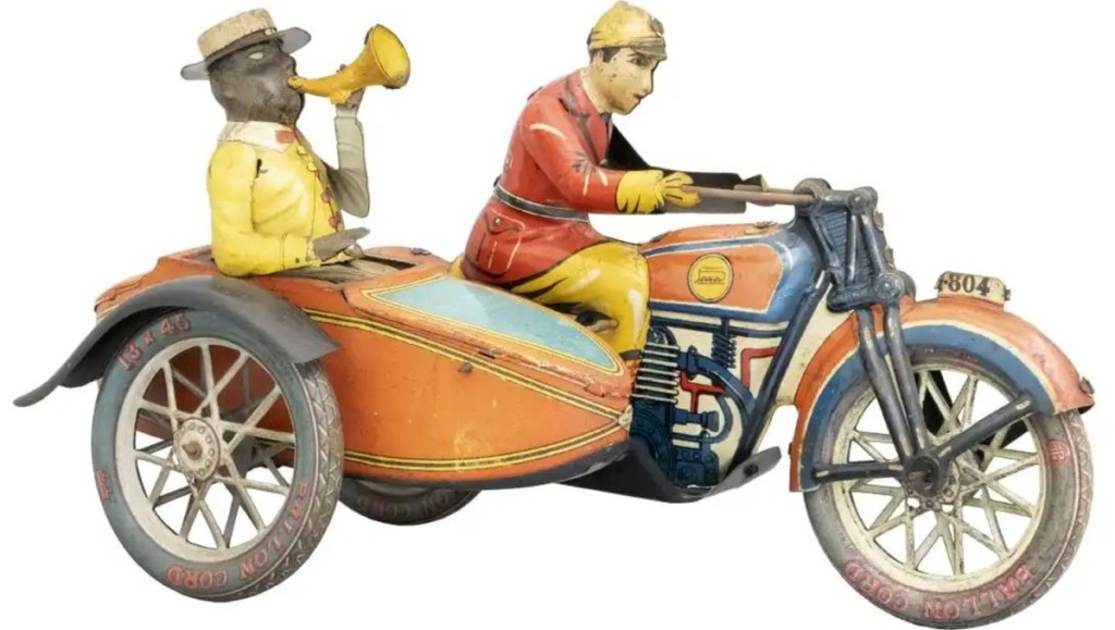 Based in Spain, the Paya Mfg. Co’s tin motorcycle with side car is one of the scarcest tin toy motorcycles ever produced. It sold for $9,000.