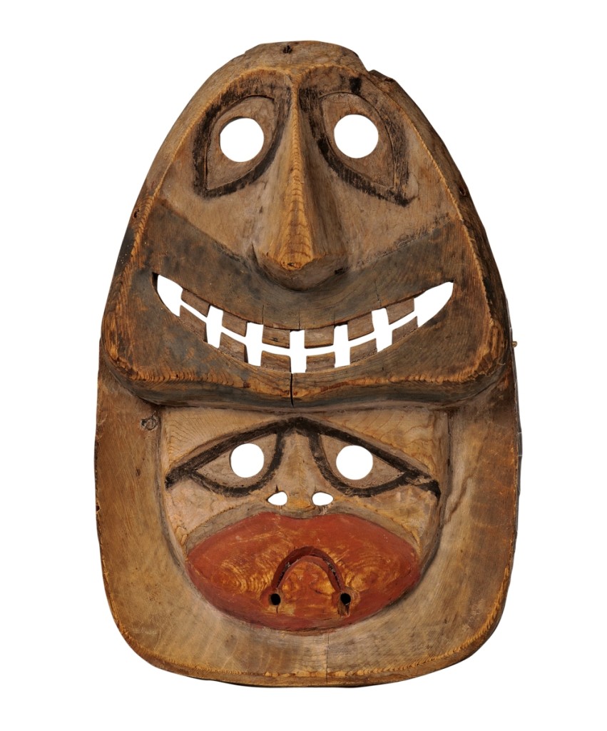 The highest priced lot in the sale, bringing $46,125, way over the estimate, was a late Nineteenth Century Eskimo carved mask with two faces, cut-out eyes, nostrils and teeth. The underbidder had this to say: “This mask was really ART — be sure to use capital letters for that. Some items are routine and some are interesting. Rarely is one ART, and that’s why I wanted this one.”