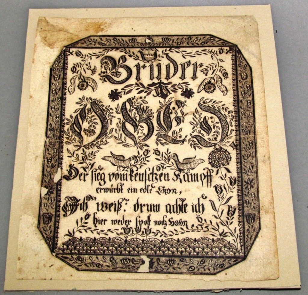 In remarkable condition, an Ephrata Cloister fraktur memorial for Brother Obed was one of the top lots, selling at $29,500.