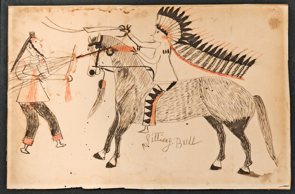 Was this ledger drawing done by Sitting Bull? It has his name on it. Jim Grievo said that he has owned it “for quite a while and I’ve always believed it to be what it purported to be.” But he said there was some controversy over whether it was actually done by Sitting Bull. Apparently bidders agreed with Grievo as it sold for $15,590.