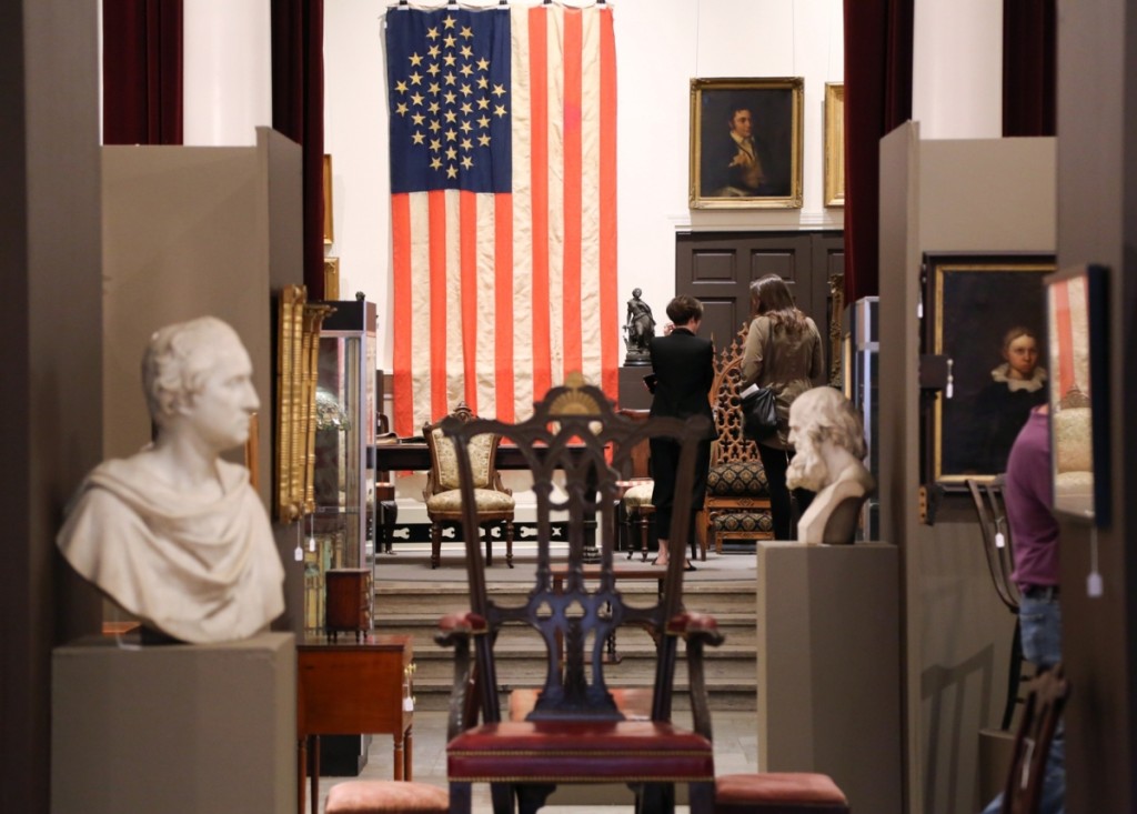 The preview room was organized before a backdrop of a large 39-star American flag, circa 1876-1889, that took $2,730.