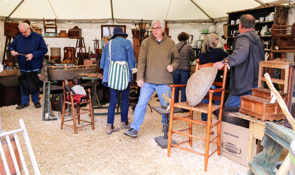 The ground was damp everywhere except the booth of Adin Poole and Tim Brigham, who form Ironstone Antiques, Hardwick, Mass. The dealers had laid down a nice pillow of sawdust to help sell their country Americana antiques, and it worked. Sold tags were on a few pieces shortly after the show opened.                                                                                             —Hertan’s