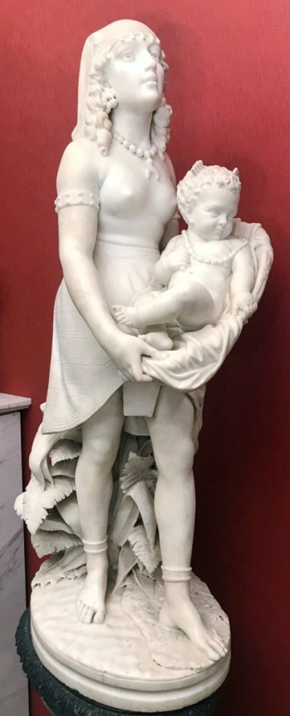 Carrara marble sculpture of Pharaoh’s daughter holding the infant Moses in a blanketed basket by Nineteenth Century Italian sculptor Biggi Fausto sold at more than double its high estimate, realizing $35,840.