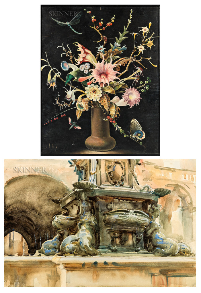 Both Franz Sedlacek’s “Blumenstück,” top, and John Singer Sargent’s “Bologna Fountain,” finished at $183,000 in Skinner’s May 10 sale.