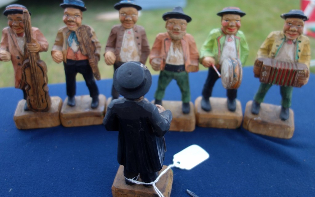 A seven-member German band appeared ready to oom-pah-pah on a table at the booth of Tom Wesdorp, Pine Plains, N.Y.   —Brimfield Auction Acres