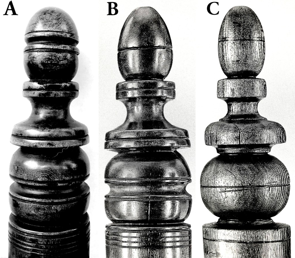 Figure 3: Urn-and-flame finials. A: Gore Chair finial; B: Bolles Chair finial; C: example of generic Boston-type finial.