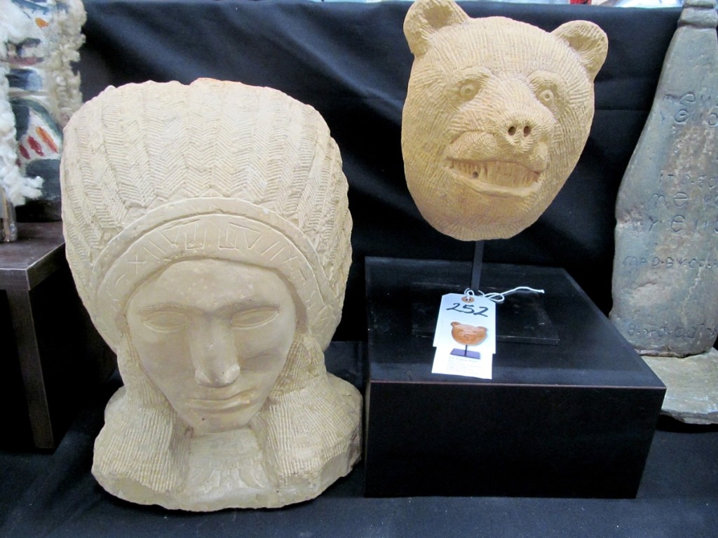 Popeye Reed’s carved stone “Indian Chief with Headdress” and “Bear” sold well at $1,320 and $1,800, respectively.